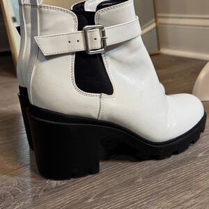 Mix No. 6 White and Black Buckle Lug Heel Ankle Boots